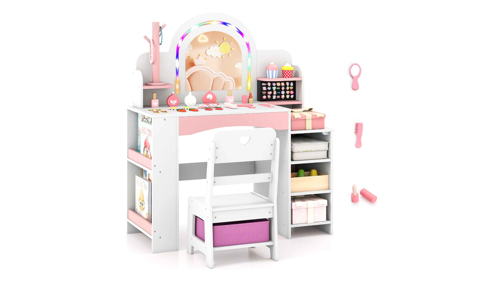 Costway Lighted Pretend Play Makeup Dressing Table Set with Bookshelf -  White | Harvey Norman