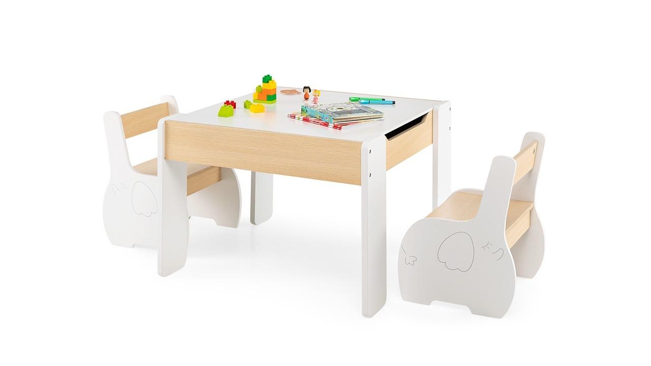 Costway 4-in-1 Wooden Activity Table and Chair Set with Storage and Blackboard - White