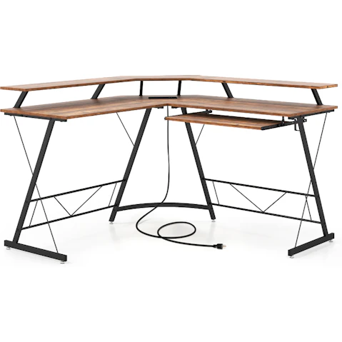 Costway L-Shaped Computer Desk Corner with Power Outlet