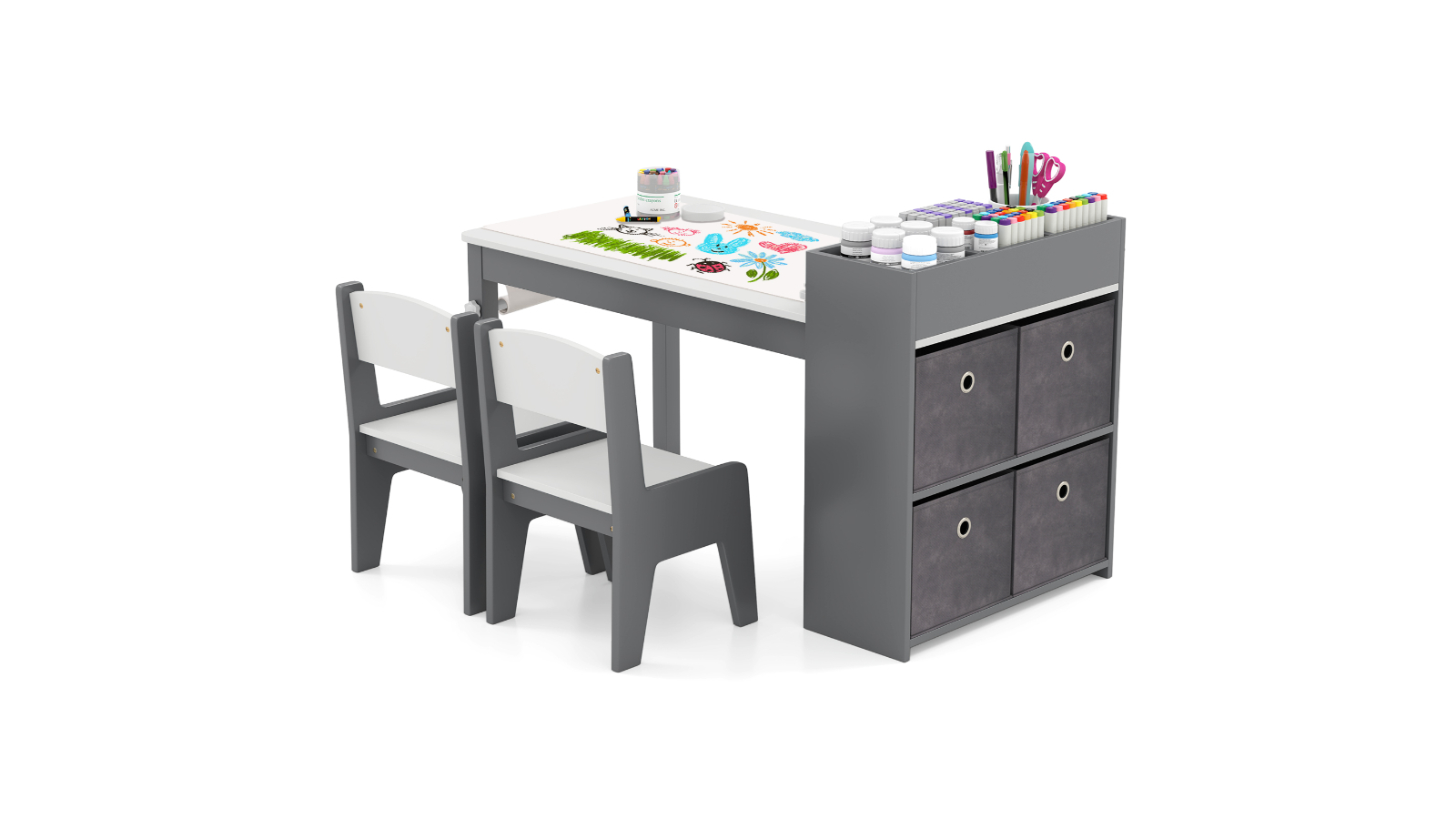 Costway Wooden Art Table Set with Paper Roll Storage Shelves and Bin - Grey