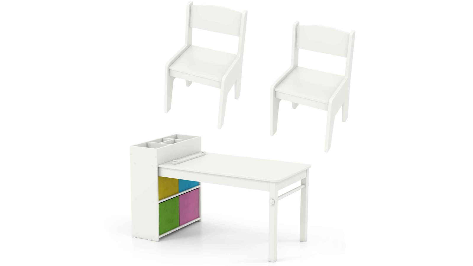 Costway Wooden Art Table Set with Paper Roll Storage Shelves and Bin - White
