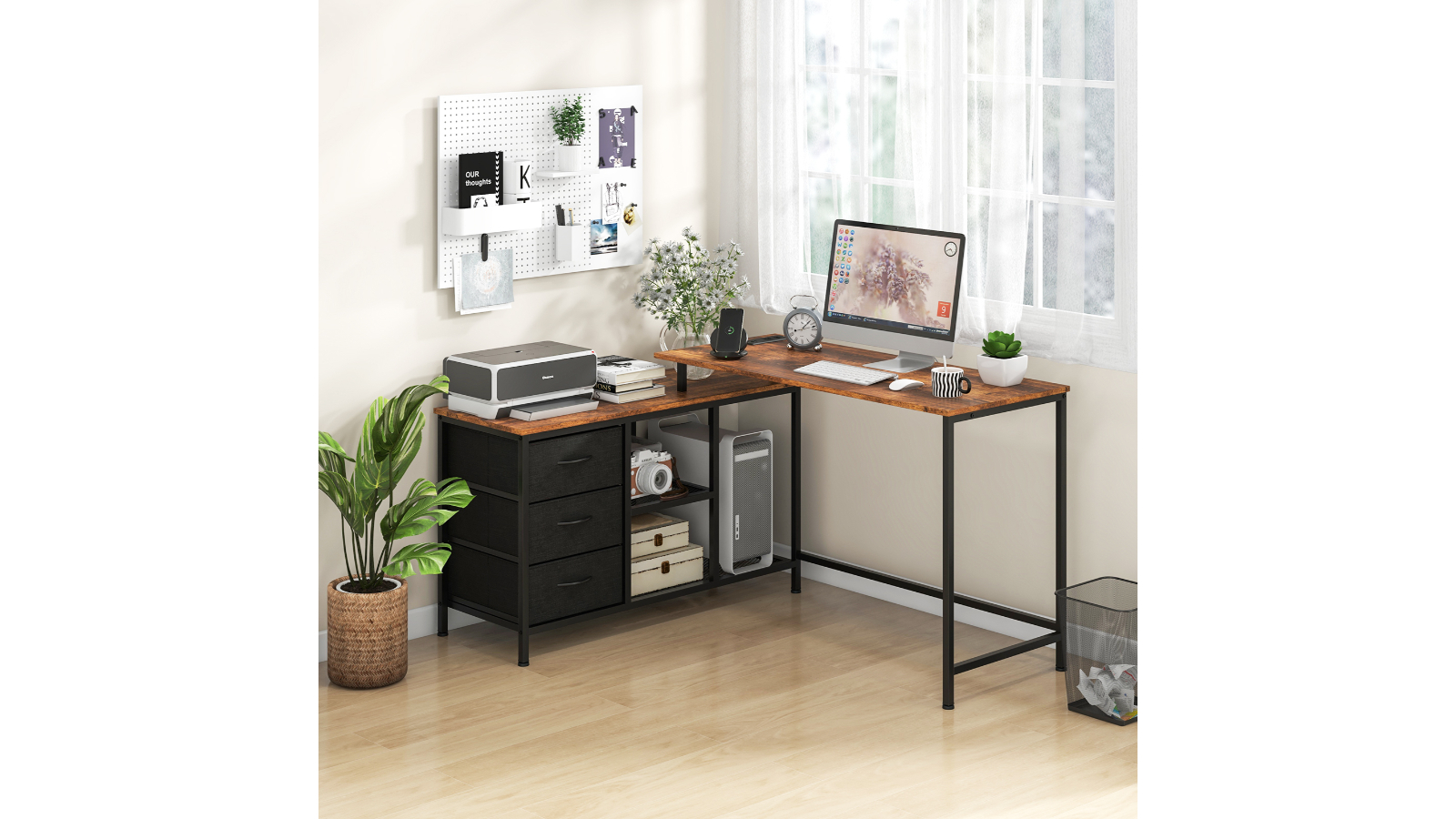 Costway Brown L-Shaped Corner Computer Desk