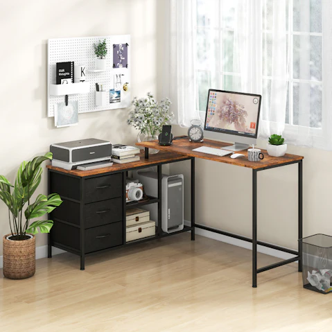 Costway Brown L-Shaped Corner Computer Desk