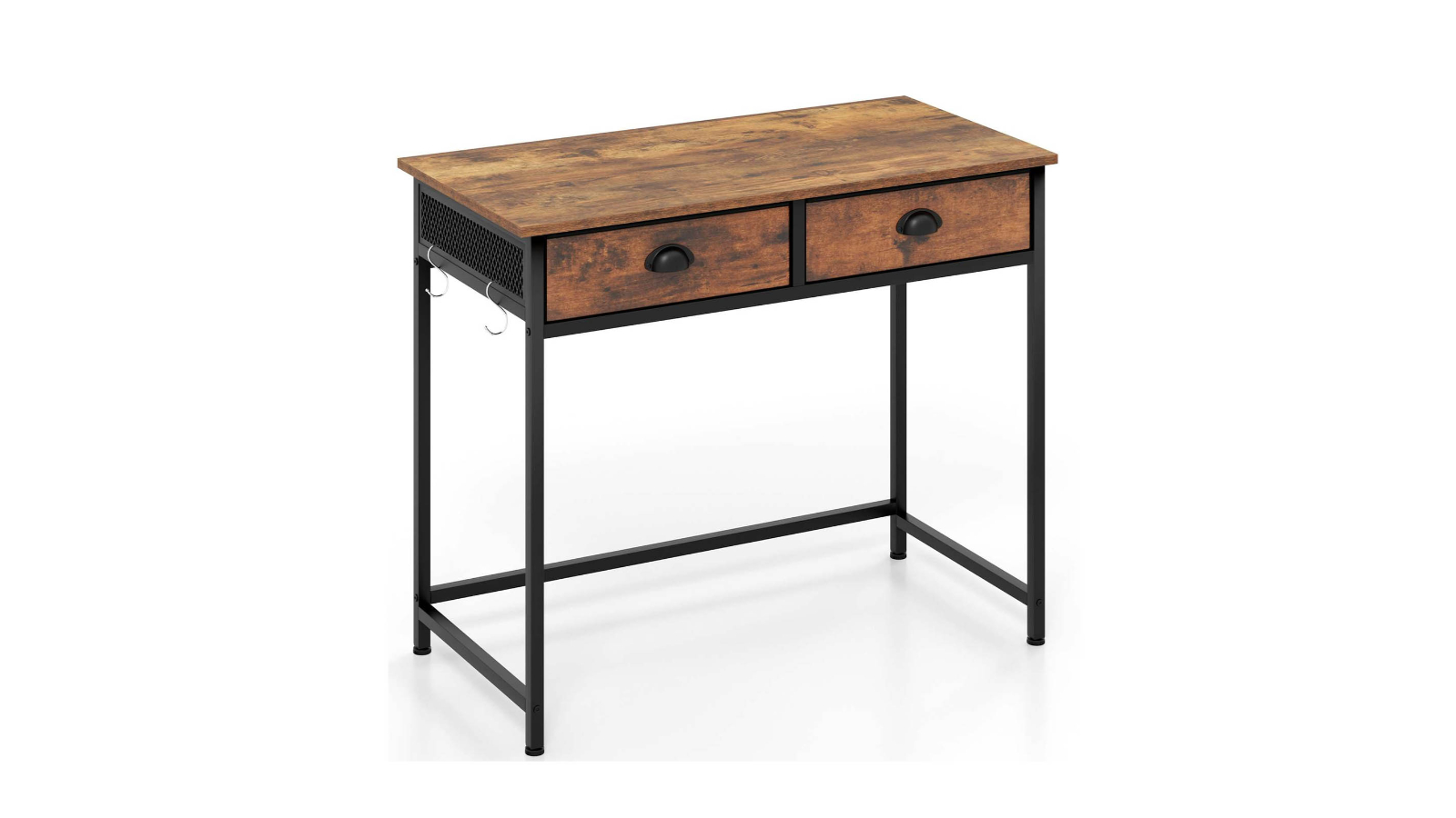 Costway Brown Metal Frame Computer Desk with 4 Hanging Hook
