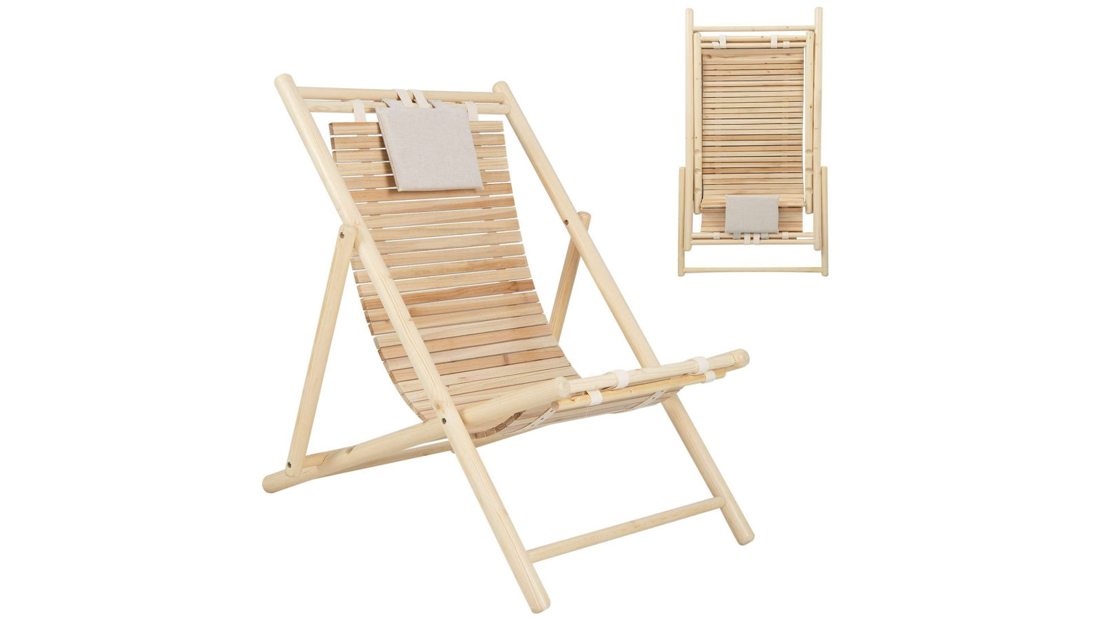 Costway Wood Lounge Folding Patio Chair Adjustable Sun Recliner with Cushion - Natural