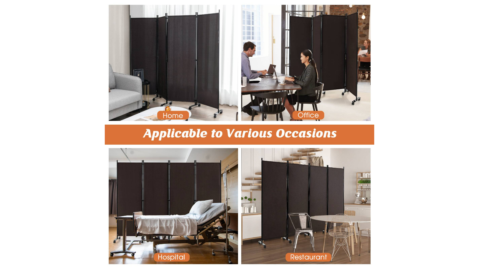 Costway 4-Panel Folding Privacy Screen with Lockable Wheels - Coffee ...