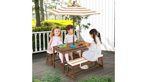 Costway Wood Kids Picnic Table Bench Set with Cushion and Brown