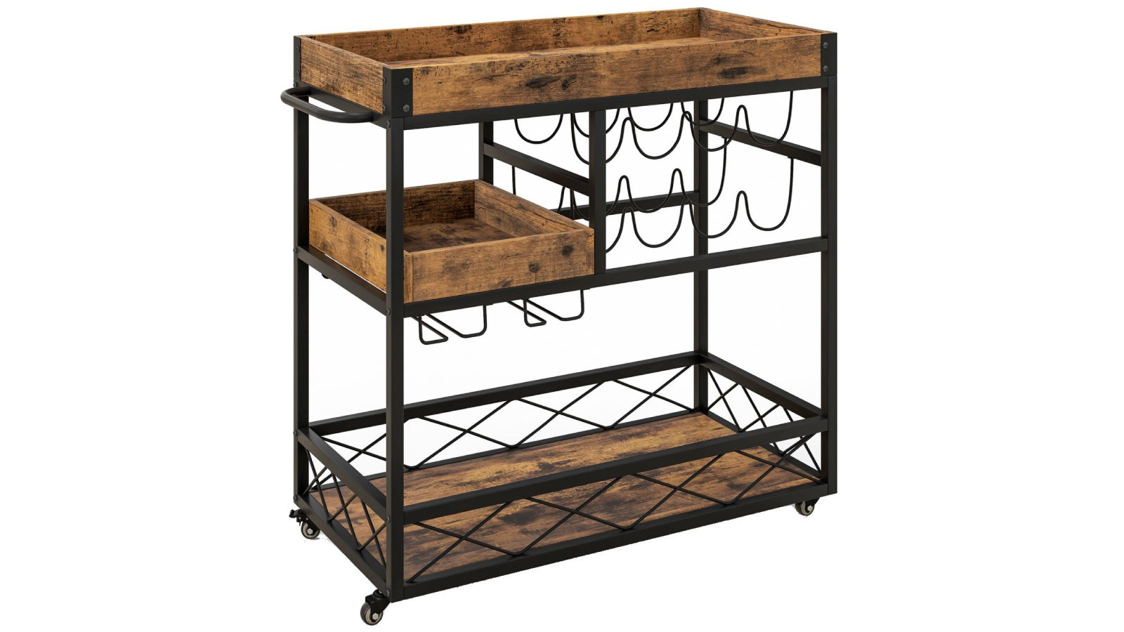 Costway 3-Tier Serving Trolley Mobile Bar Cart with Glass Holder and Wine Rack - Rustic Brown