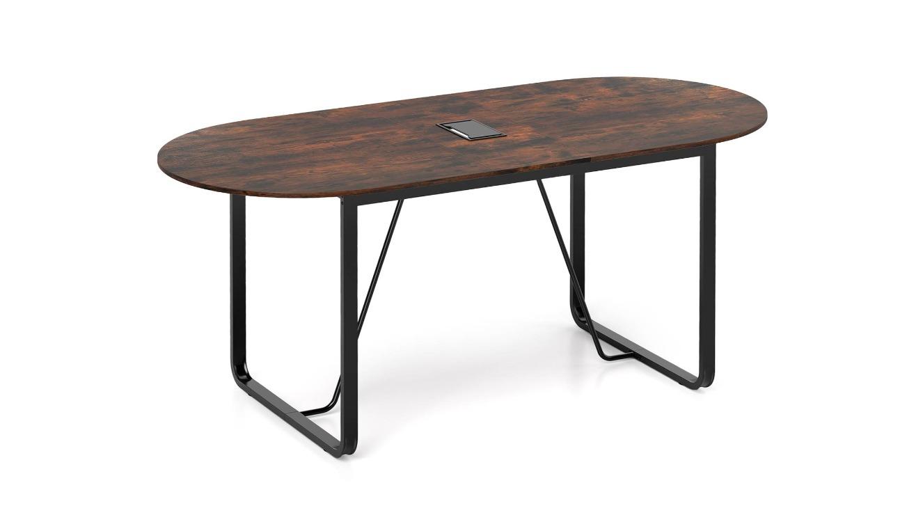 Costway 180cm Sturdy Metal Legs Oval Conference Table for 10 People with Cable Management Grommet