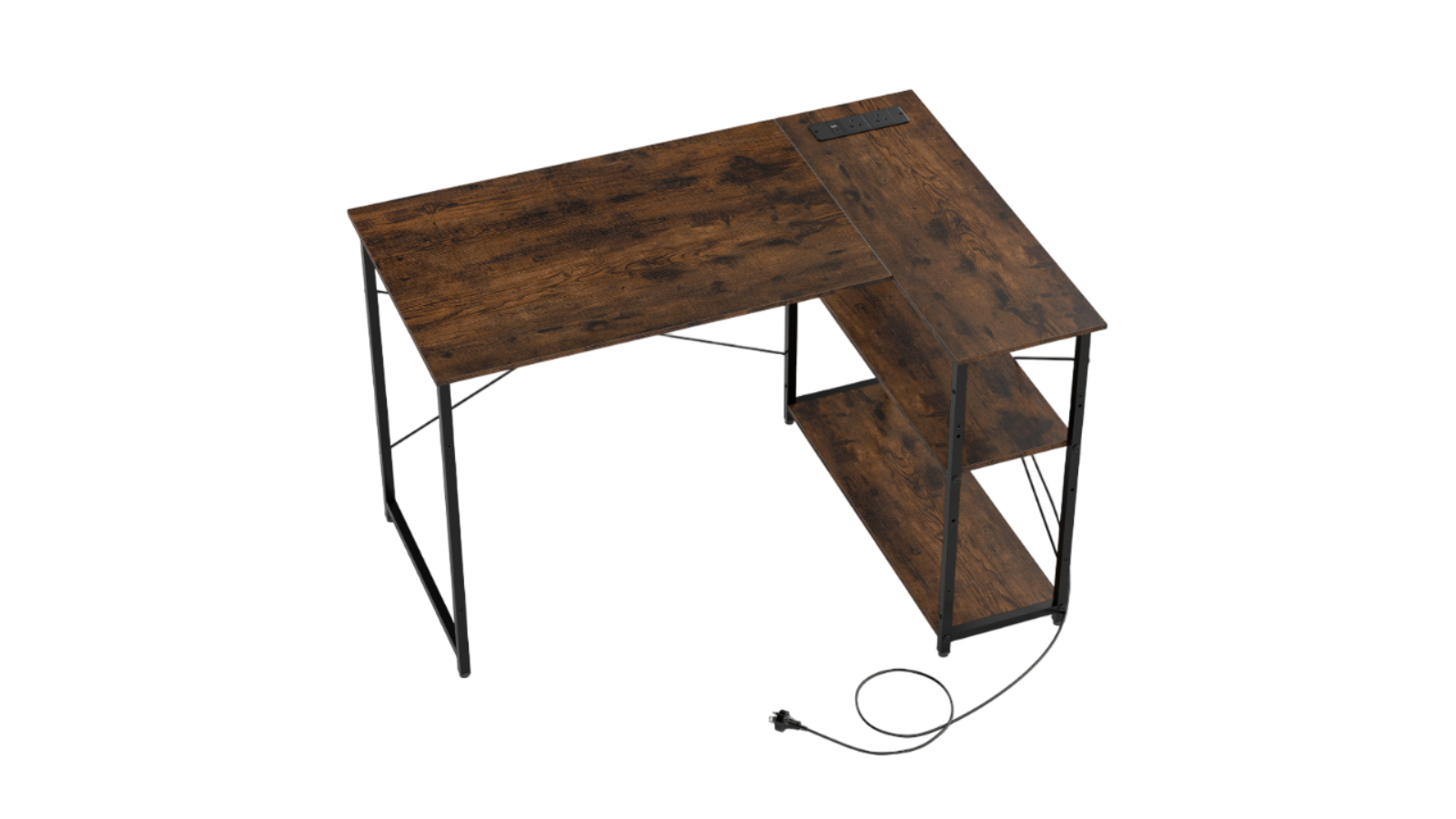 Costway L-Shaped Corner Desk with Reversible Storage Shelves and Power Outlet - Brown