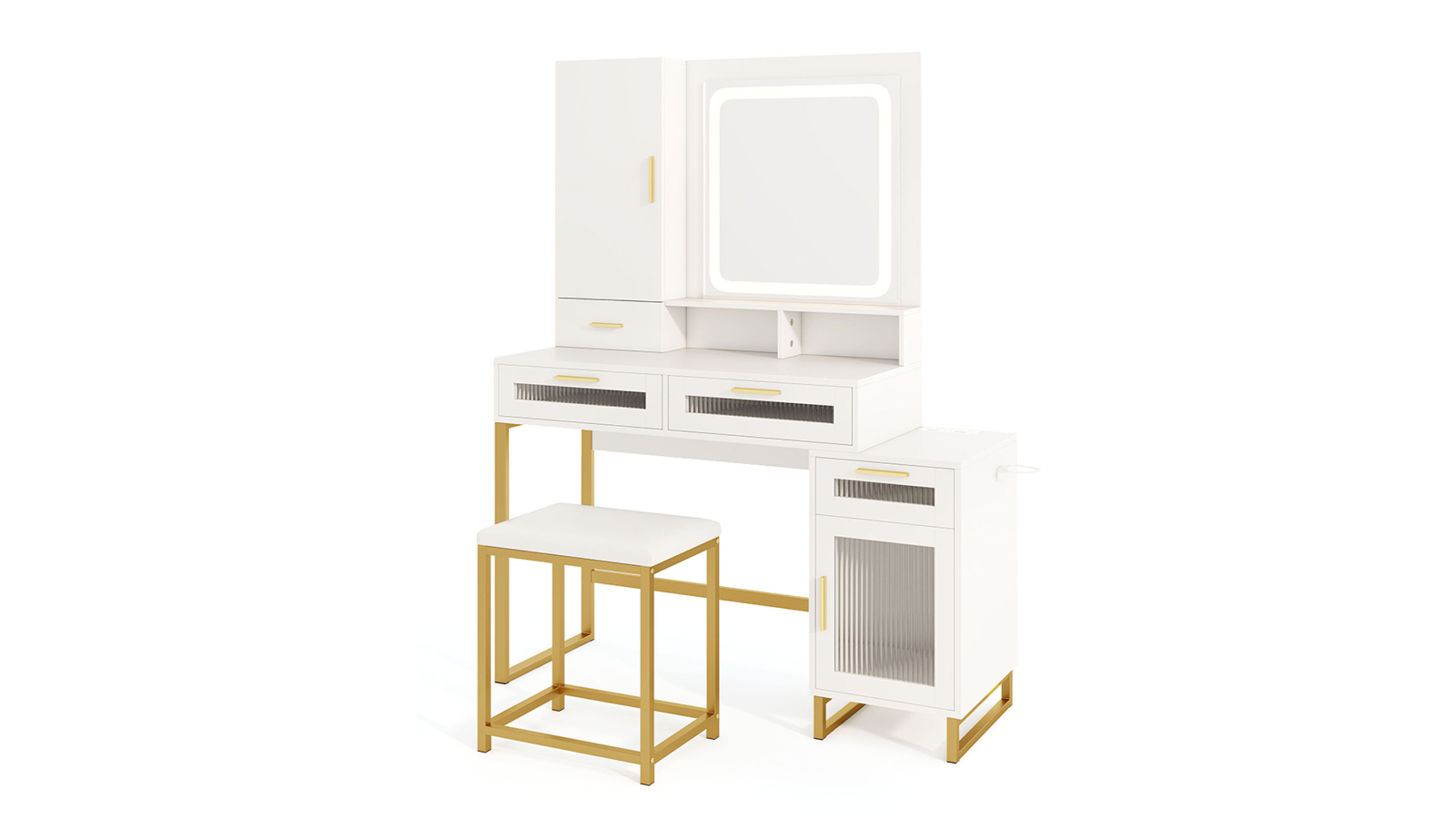 Costway 3-Color LED Lighted Dressing Table Stool Set with Power Outlets and Jewelry Cabinet - White