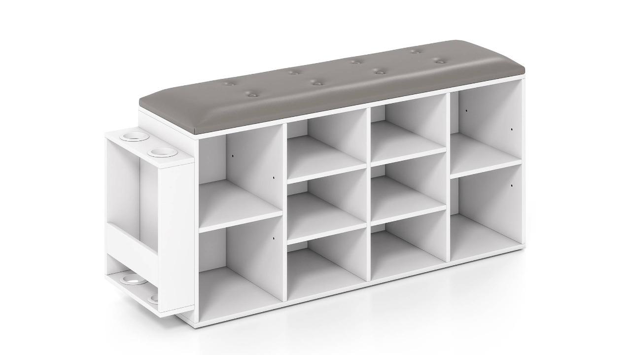 Costway 10-Cube Industrial Shoe Storage Bench with Cushion and Umbrella Holder - White