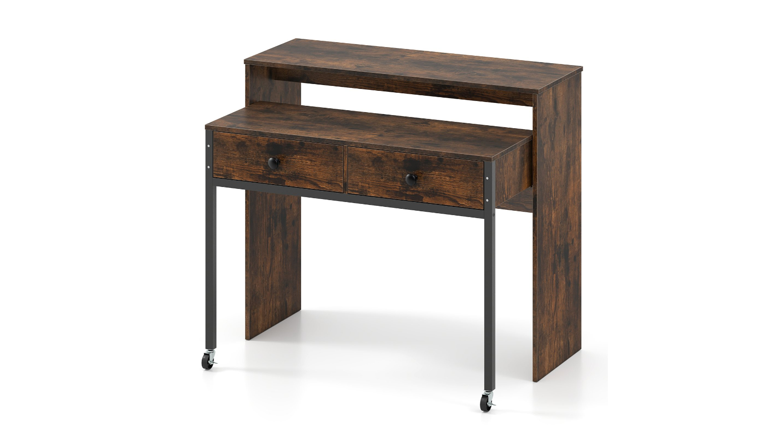 Costway Extendable Writing Desk with 2-Drawer - Rustic Brown