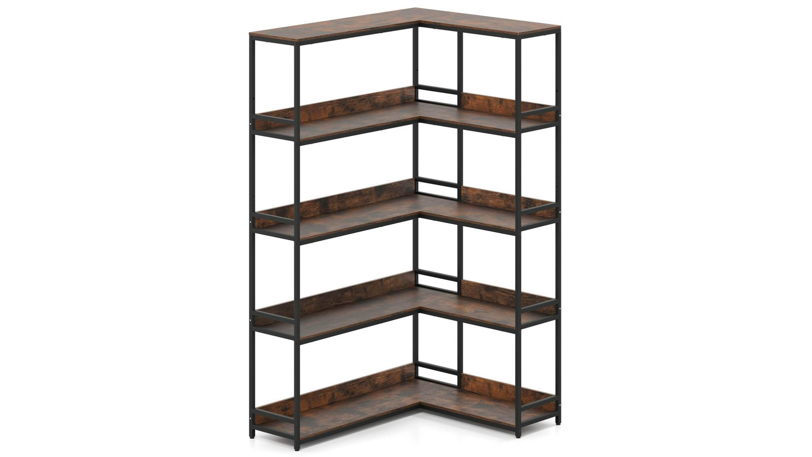 Costway 180cm 5 Tier L-Shaped Corner Bookshelf with Metal Frame - Rustic Brown