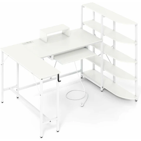 Costway L-Shaped Computer Desk with Charging Station - White