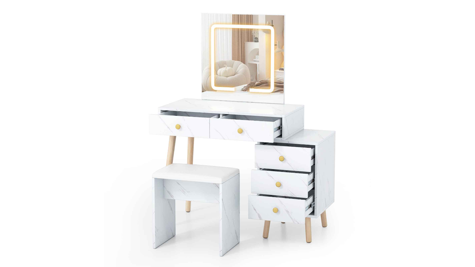 Costway 5-Drawer 3-Mode Makeup Vanity Desk and Soft Padded Stool