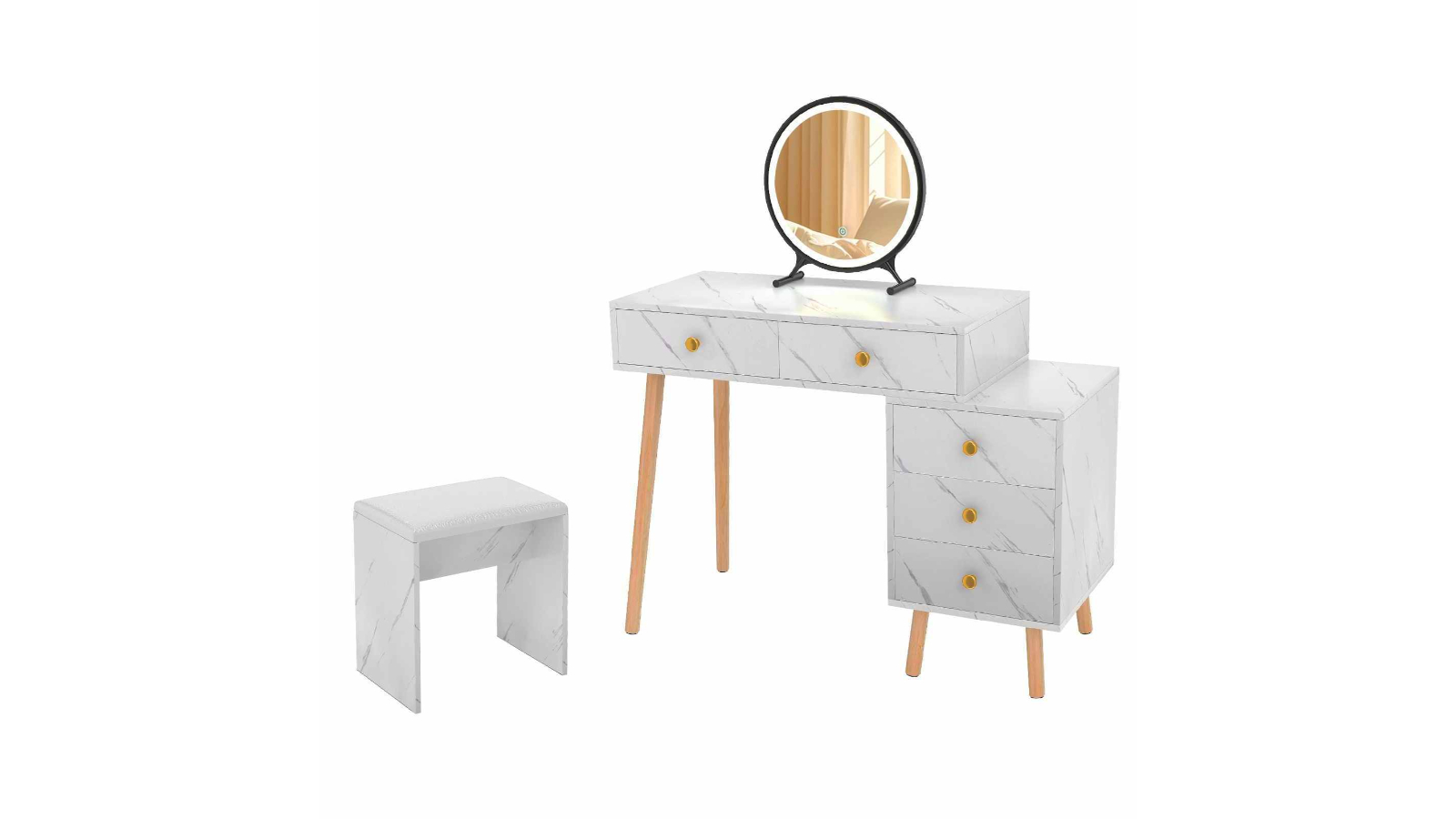 Costway 5-Drawer 3-Light Mode Mirror Modern Dressing Table and Soft Padded Stool