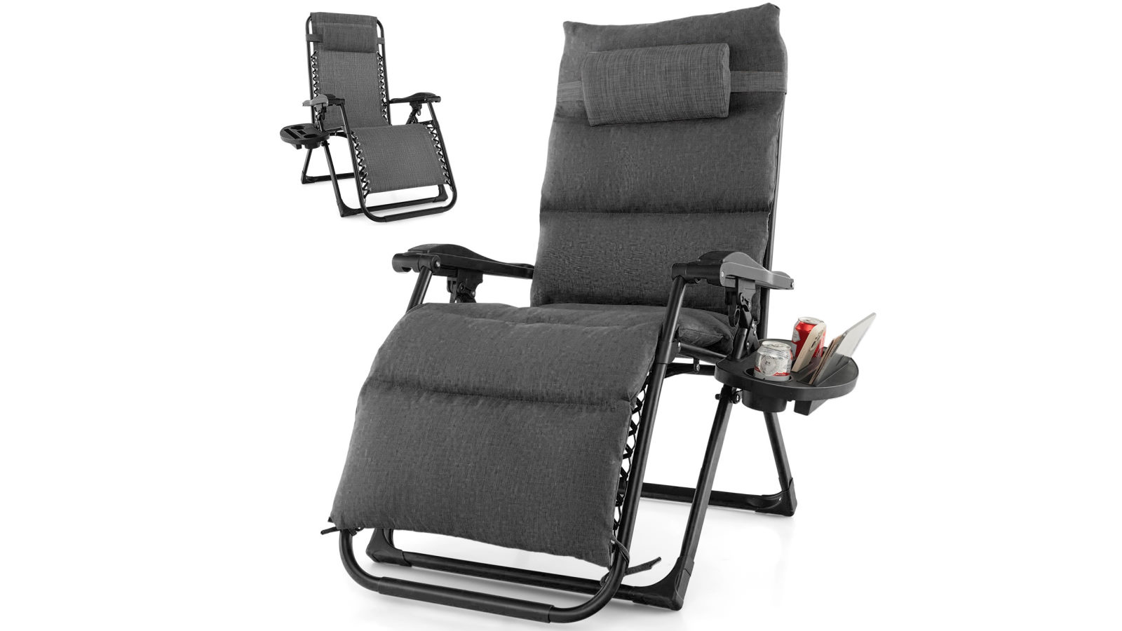 Costway Outdoor Sun Lounge Folding Recliner Adjustable Zero Gravity Chair with Cup Holder - Grey