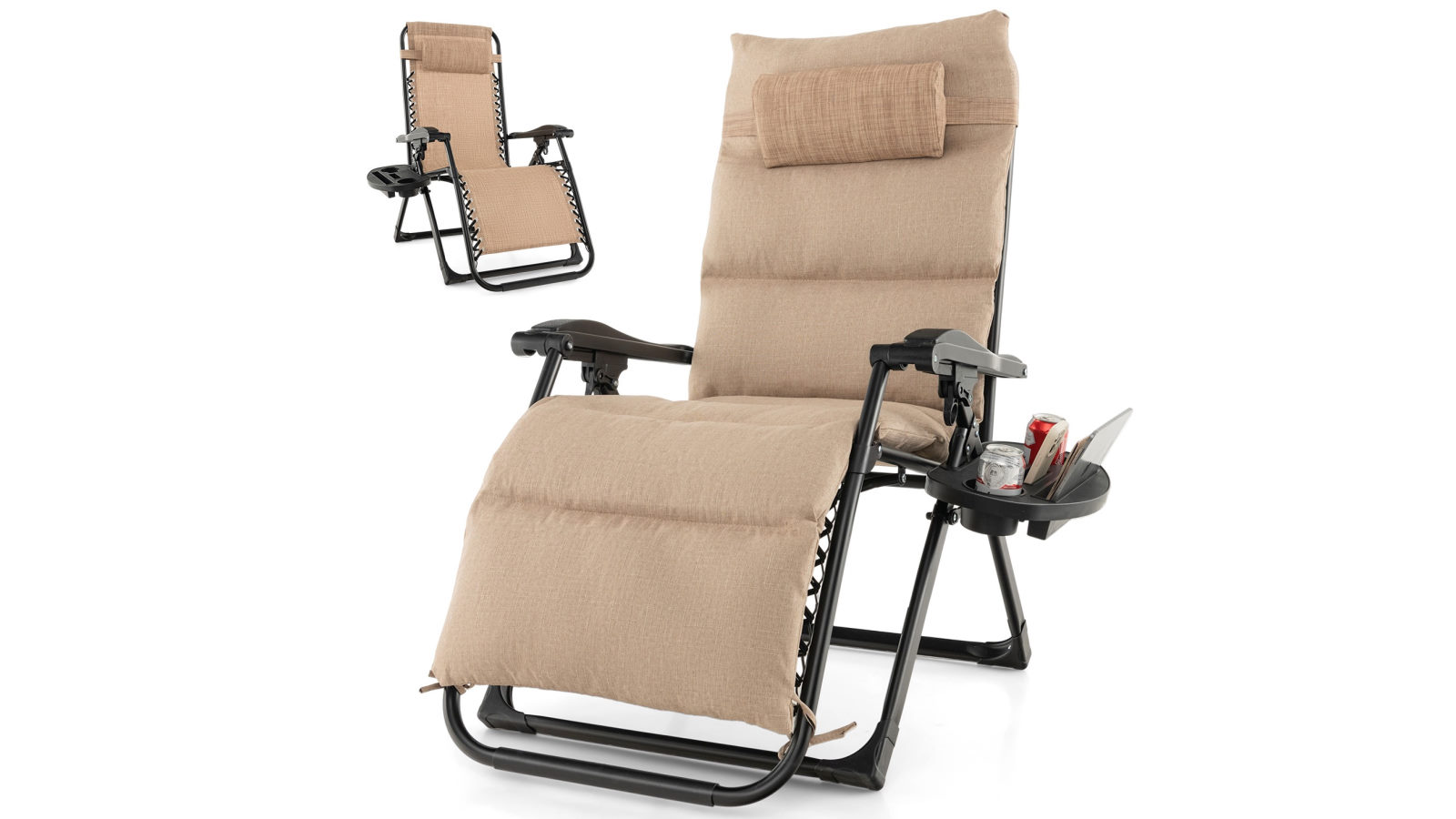 Costway Outdoor Sun Lounge Folding Recliner Adjustable Zero Gravity Chair with Cup Holder - Beige