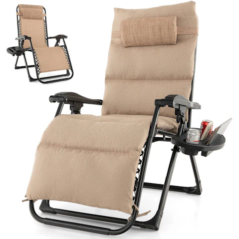 Costway Outdoor Sun Lounge Folding Recliner Adjustable Zero Gravity Chair with Cup Holder - Beige