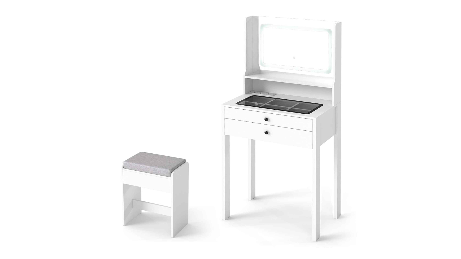 Costway Tempered Glass Top Small Makeup Table with Mirror and Power Outlet - White