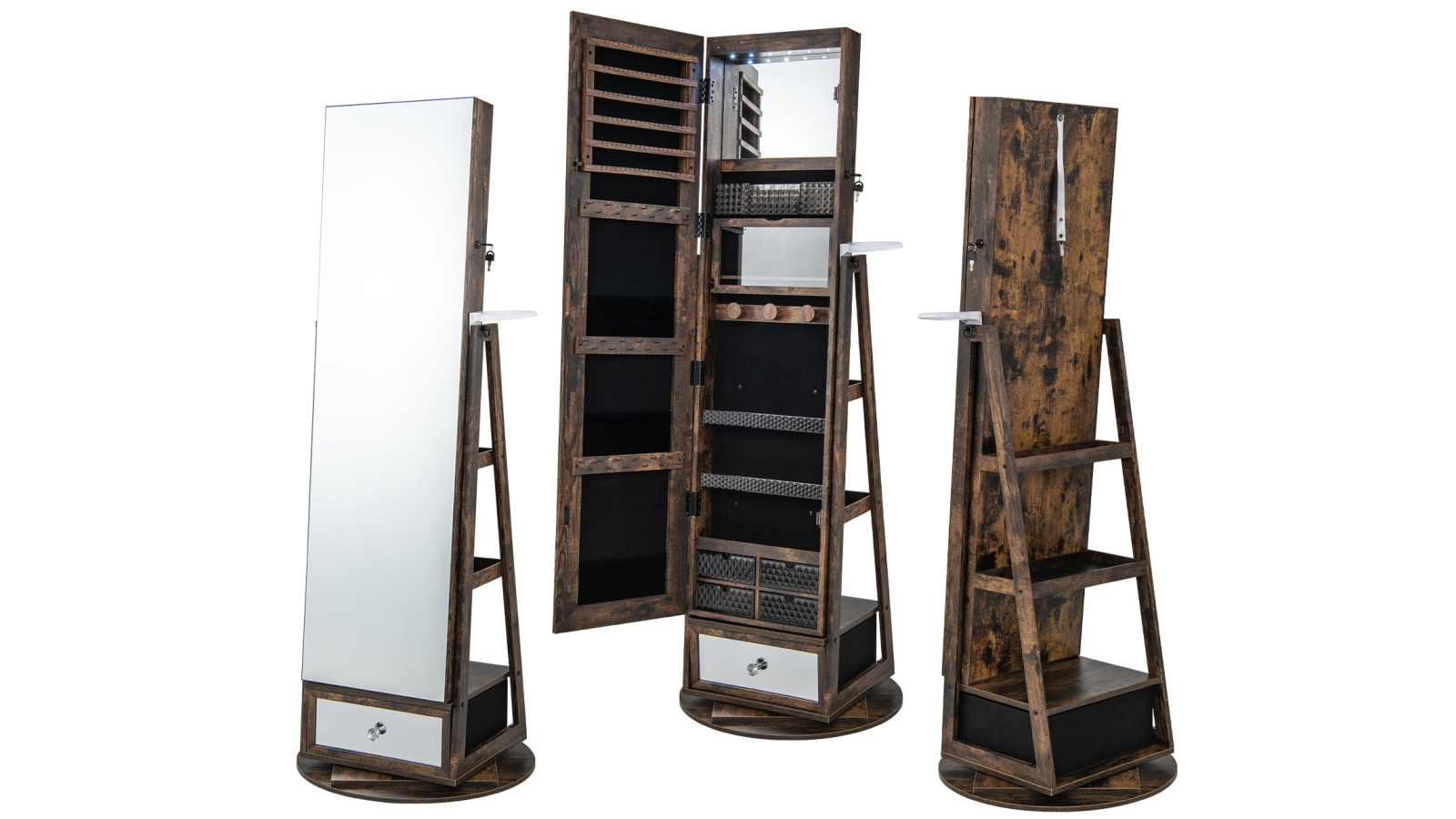 Costway Full Length Revolving Mirror Perfect Jewelry Storage Cupboard with Vanity Table Storage Shelves - Rustic Brown