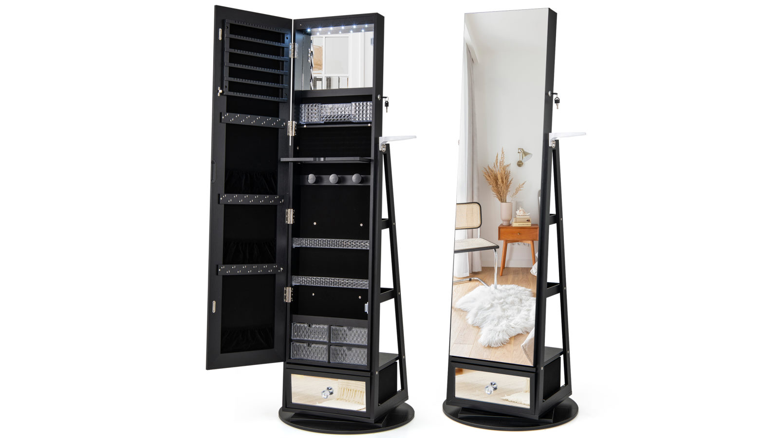 Costway 164cm Rotatable Jewellery Storage Armoire Lighted Full-Length Mirror Cabinet - Black