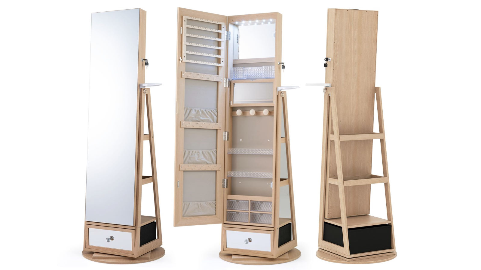 Costway 164cm Swivel Jewelry Cabinet Full-Length Mirror Lockable Armoire with Hair Dryer Rack Storage - Natural