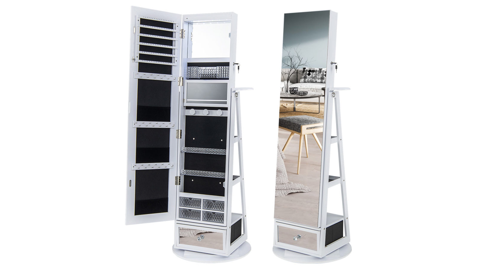 Costway Full Length Revolving Mirror Cabinet Perfect Jewelry Storage Cupboard with Vanity Table - White