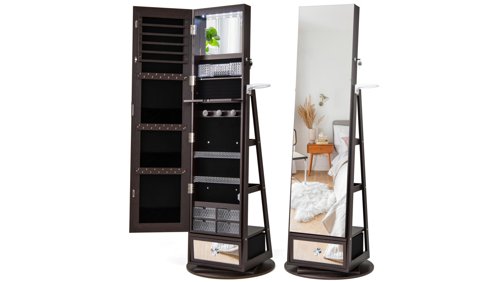 Costway 164cm Rotatable Armoire Lighted Full-Length Mirror Cabinet Makeup Jewelry Organizer - Brown