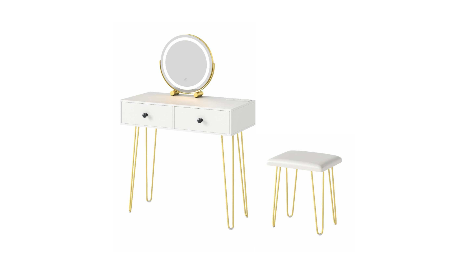 Costway 2-Drawer Metal Leg Makeup Dressing Table Set with Mirror and Charging Station