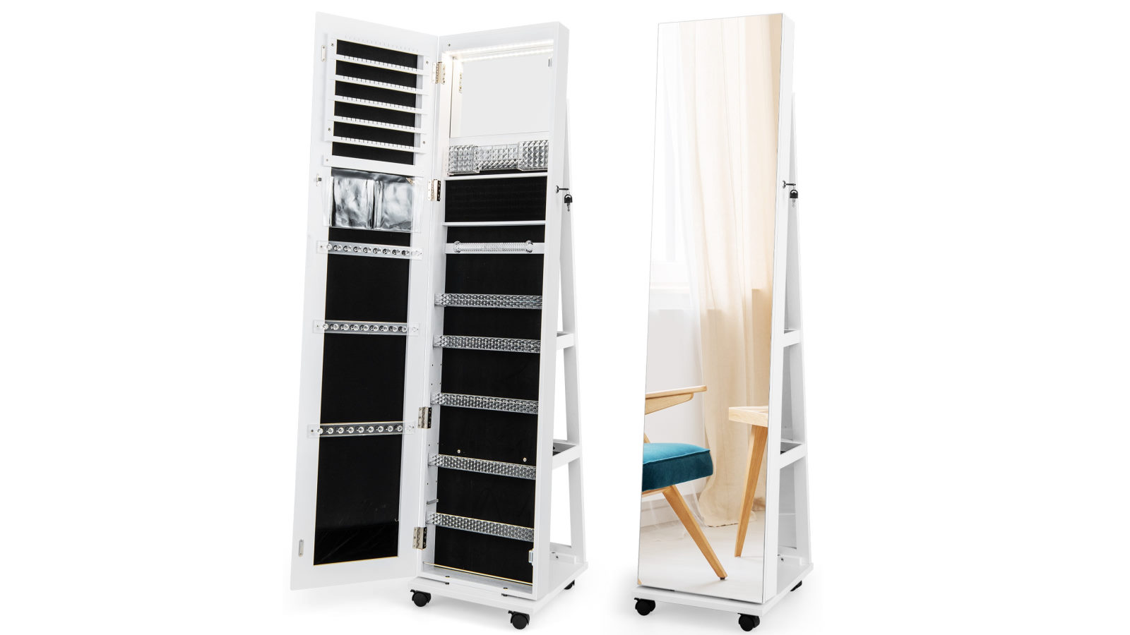 Costway 163cm Rolling Mirror Jewelry Cabinet Makeup Storage Organizer with LED Adjustable Shelves