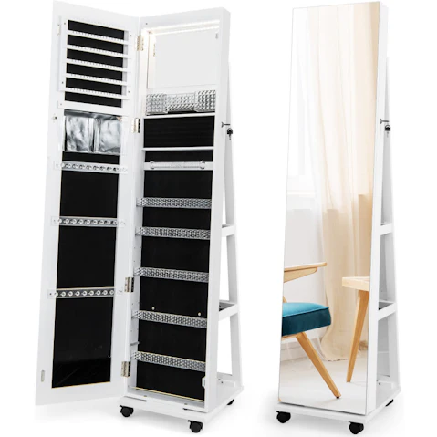 Costway 163cm Rolling Mirror Jewelry Cabinet Makeup Storage Organizer with LED Adjustable Shelves
