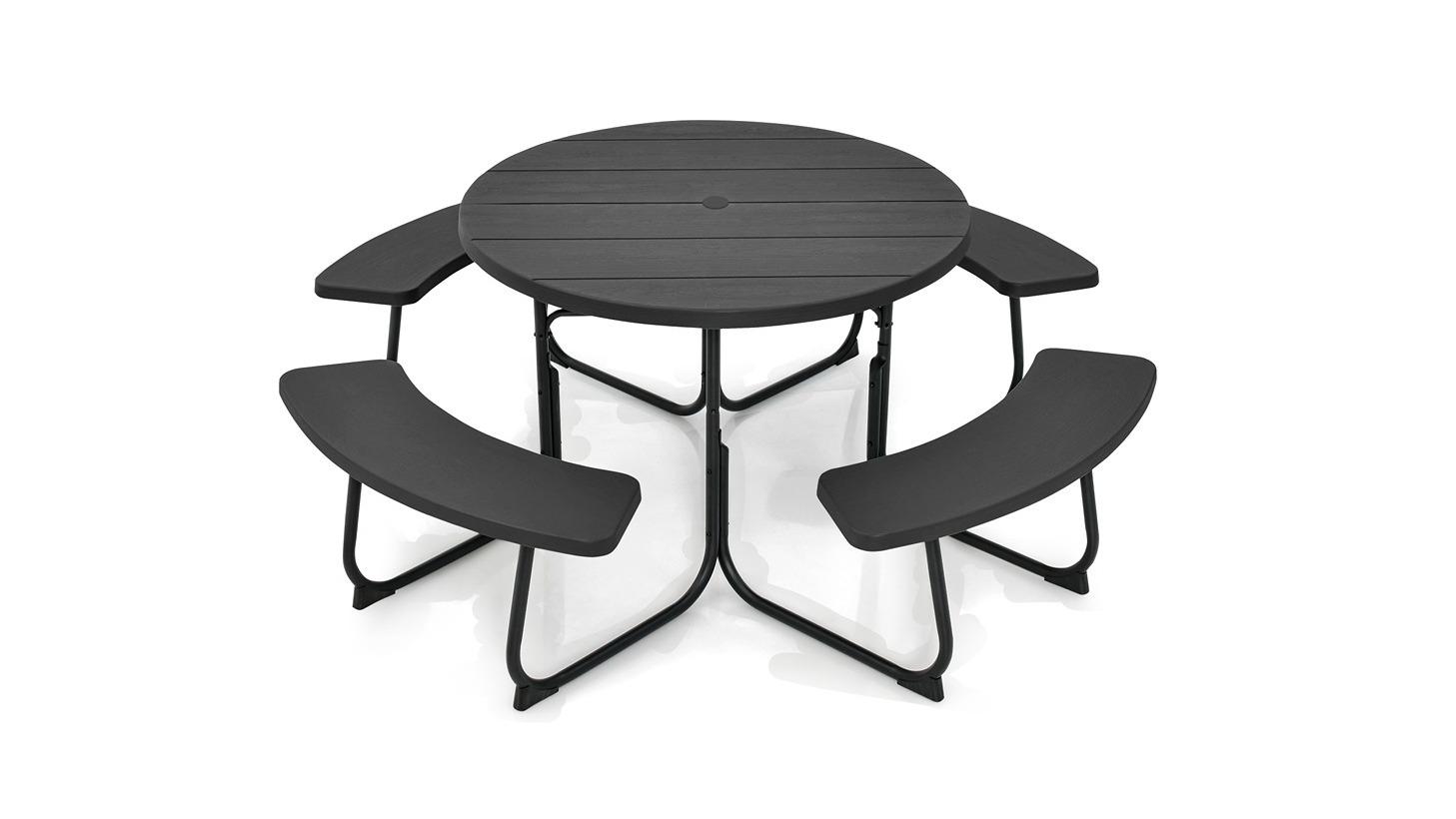 Costway 8 Person Round Picnic Table Bench Set with Umbrella Hole - Black