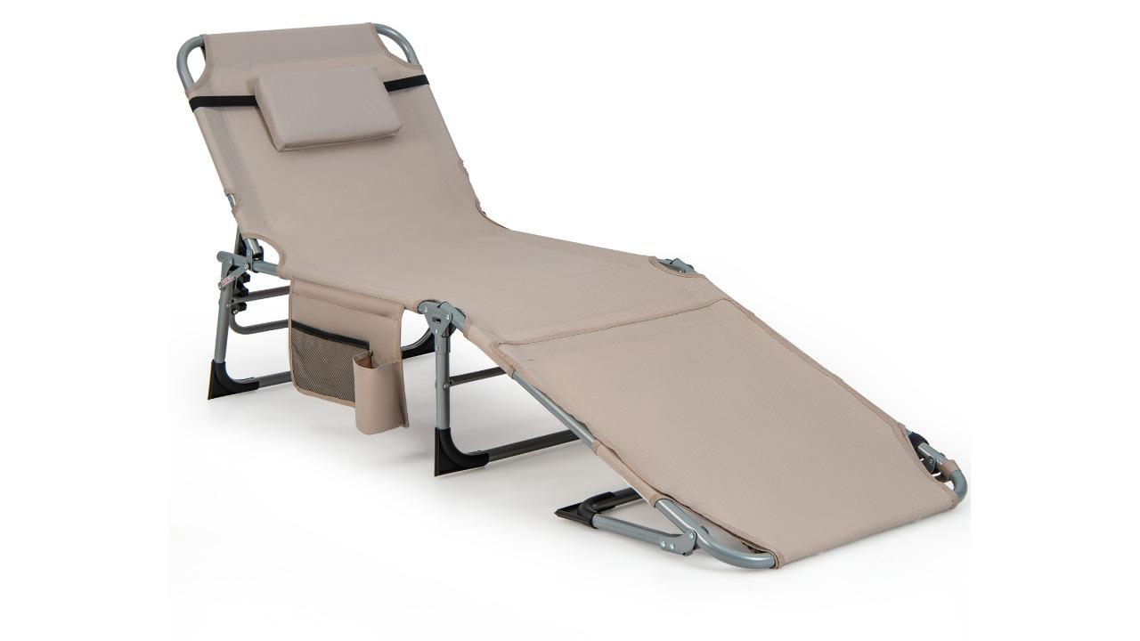 Costway Outdoor Folding Lounge Chair with Adjustable Backrest Pillow - Beige