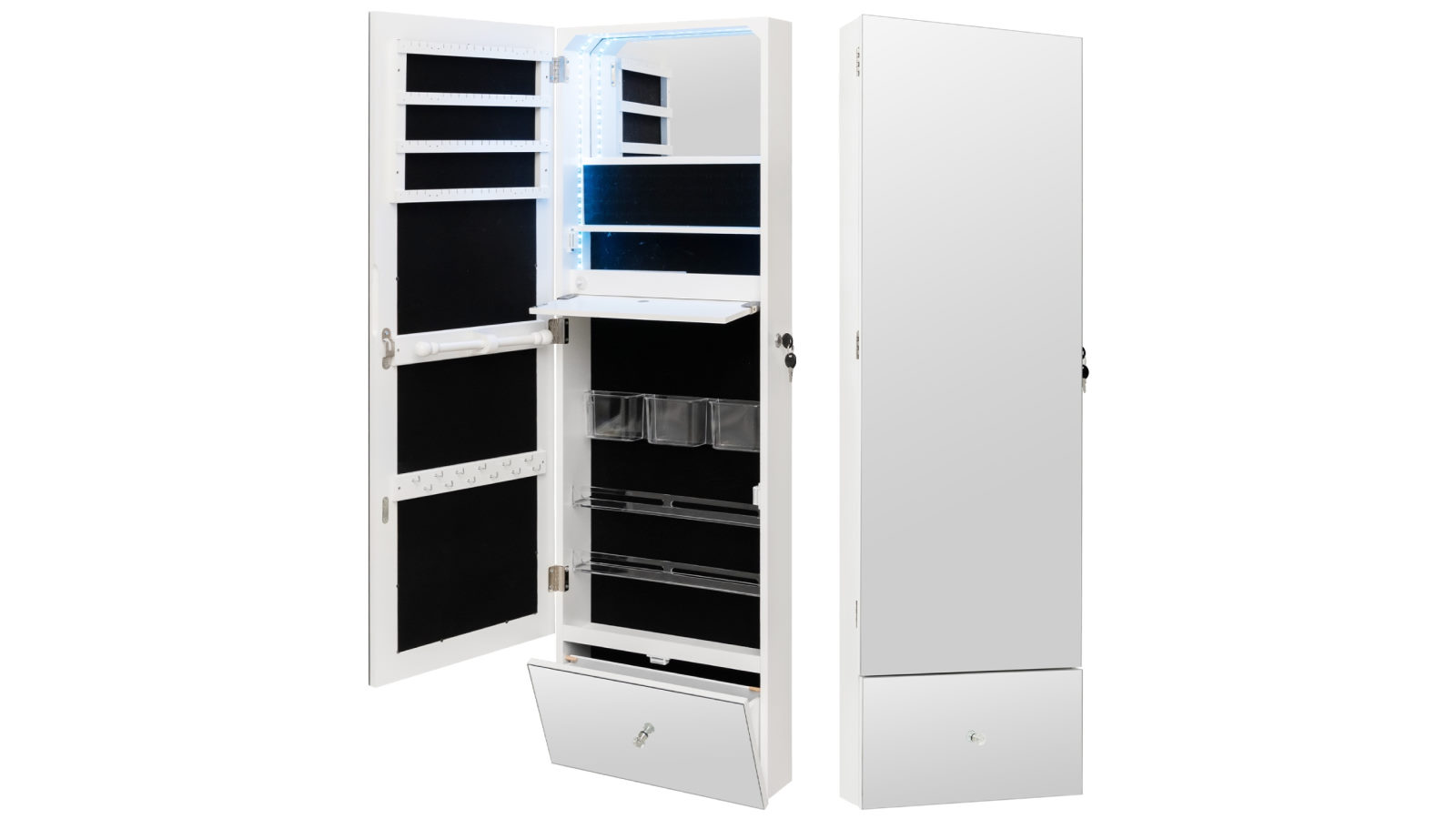 Costway 120cm Wall Mounted Jewellery Cabinet Organizer with Foldable Shelf and 3 Color LED - White