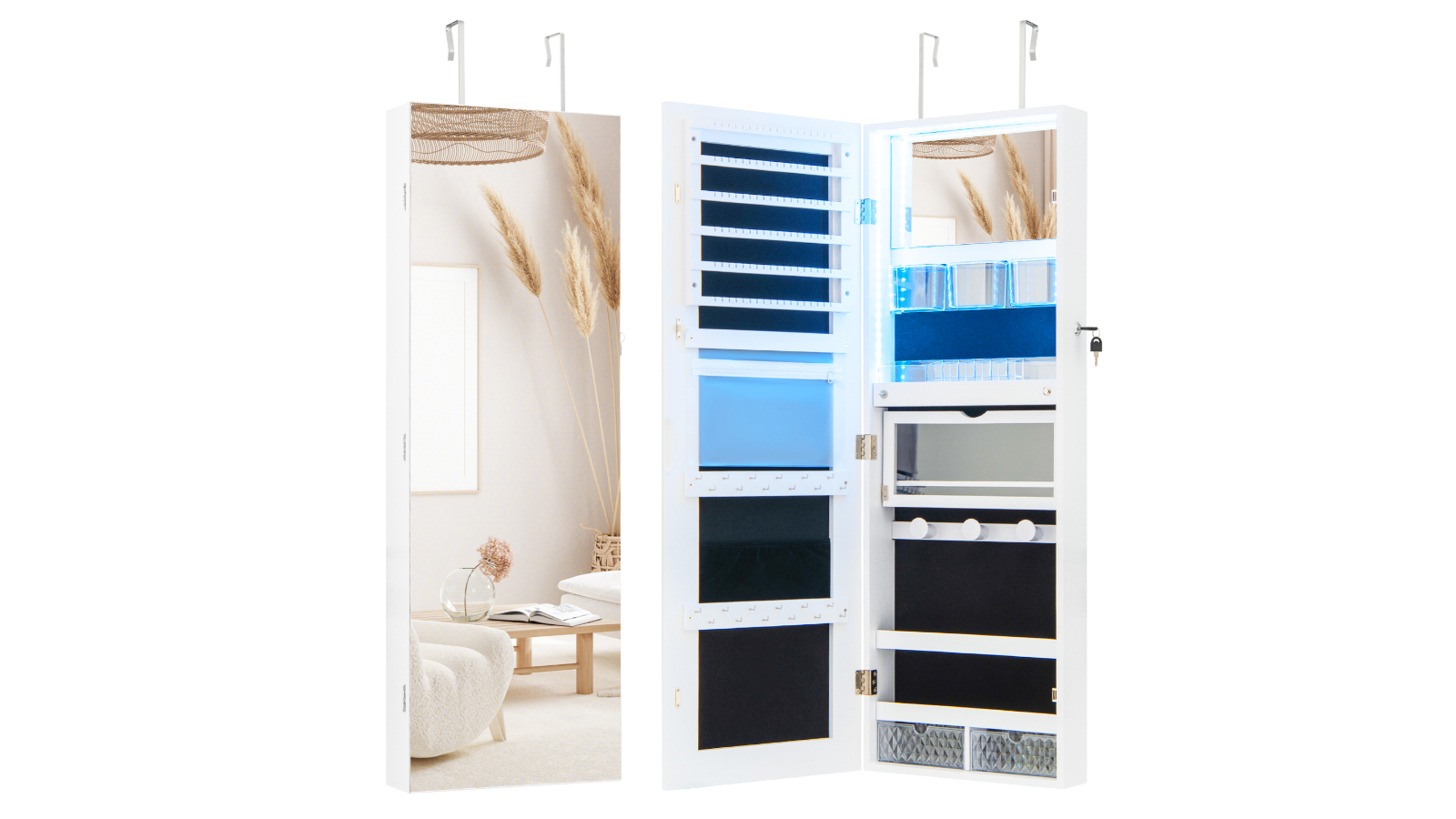 Costway Mirror Jewelry Wall/Door Cabinet with LED Light