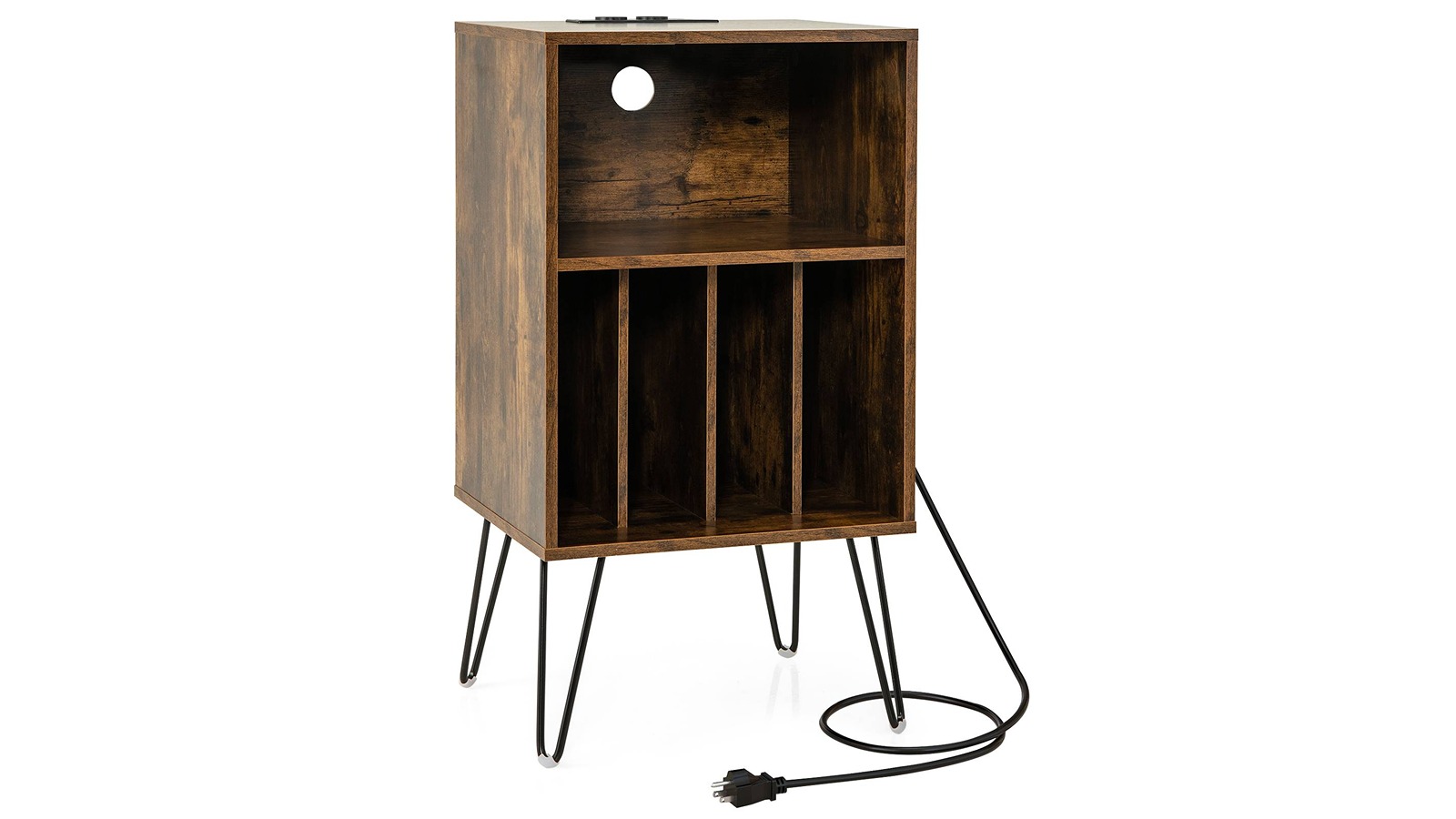 Costway Record Player Stand with Charging Station and Divider - Brown