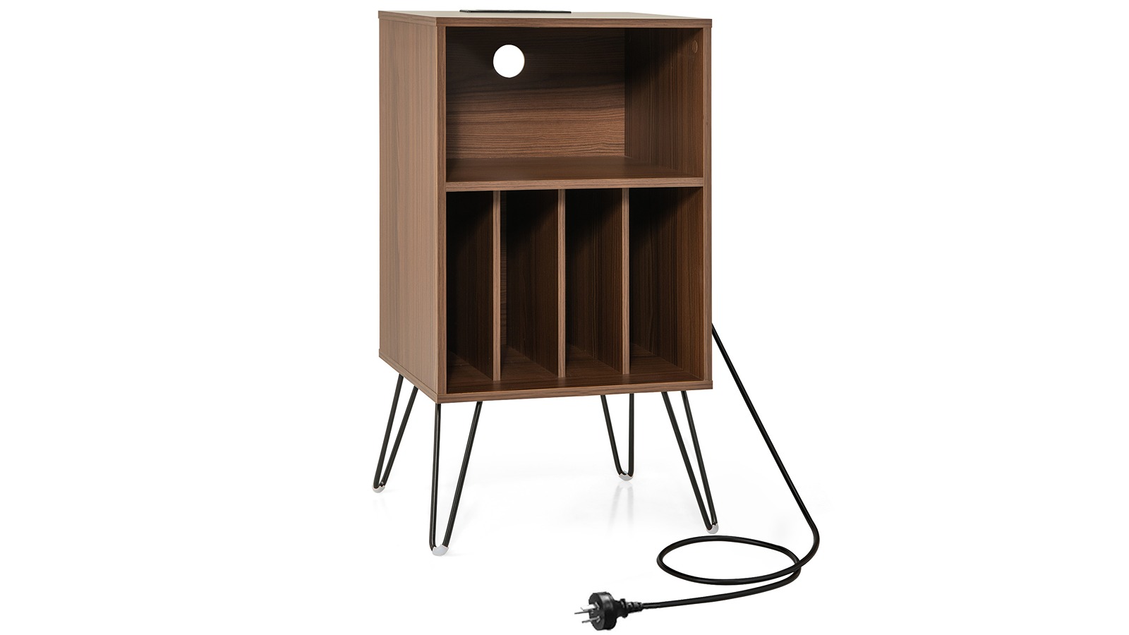 Costway Record Player Stand with Large Storage Capacity and Charging Station - Walnut