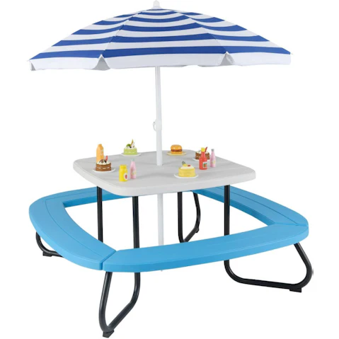 Costway 8 Person Picnic Table Set with Built-in Benches and Adjustable Foldable Umbrella - Blue