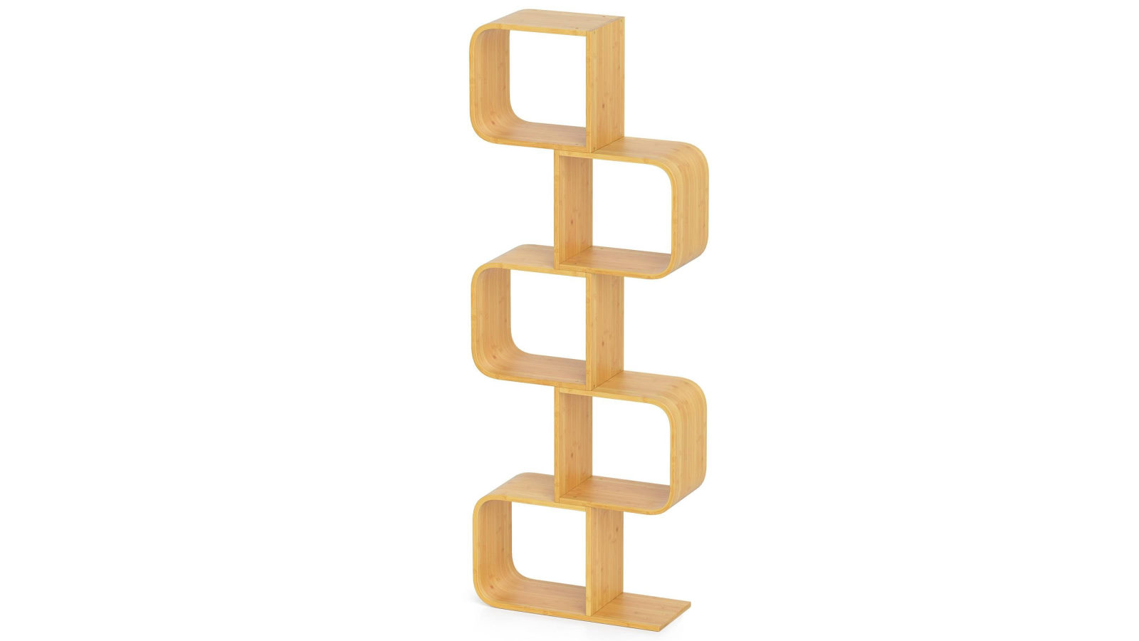 Costway S-Shaped Bookcase Bamboo Bookshelf with 5 Cubes Geometric Corner Storage Display Shelf Stand