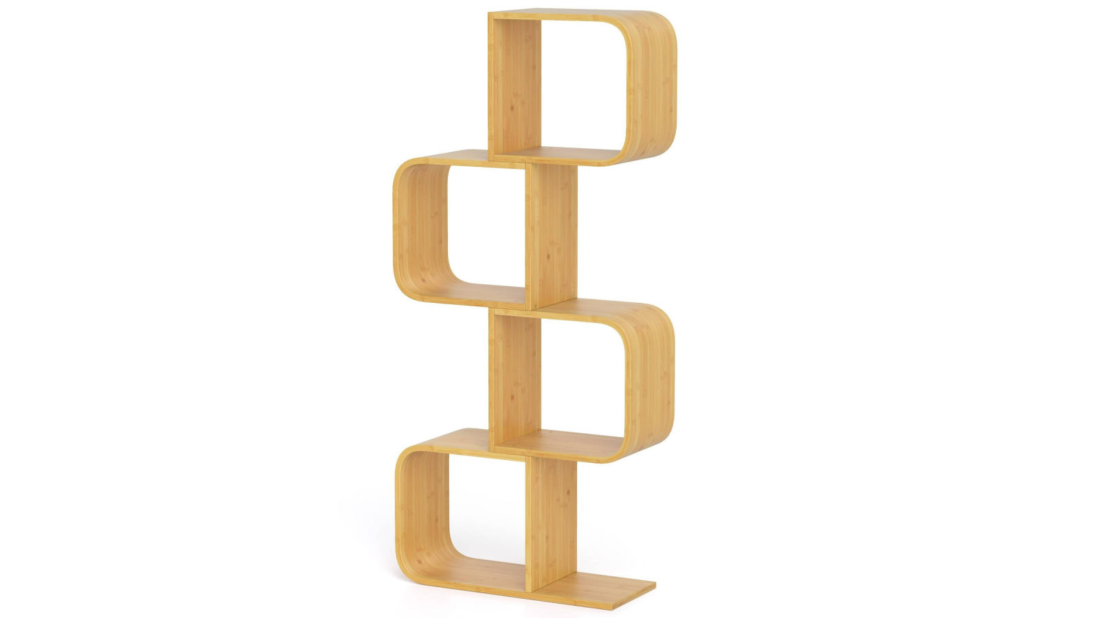 Costway 4-Tier S-Shaped Bookcase Bamboo Bookshelf with 4 Open Cubes Corner Display Shelf Storage Organizer