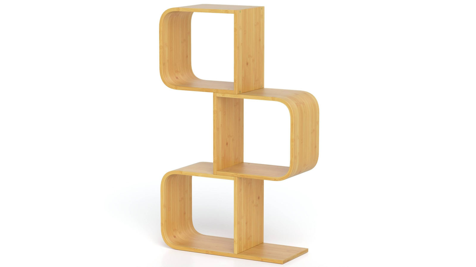 Costway 3-Tier S-Shaped Bookcase Bamboo Bookshelf with 3 Open Cubes Corner Display Shelf