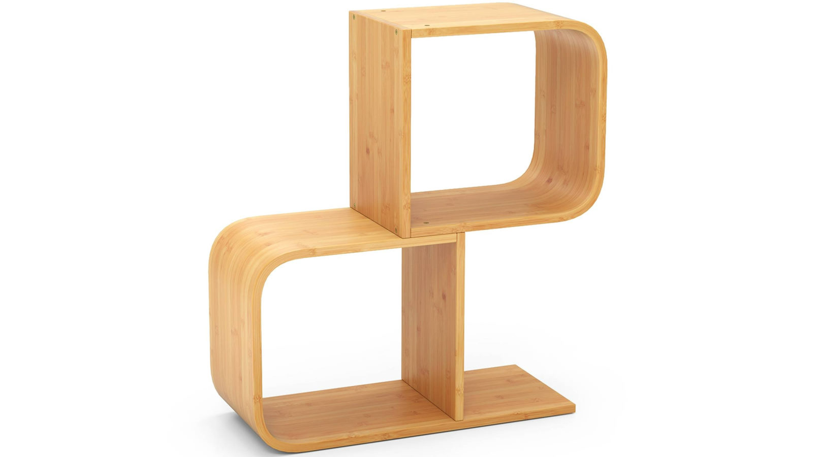 Costway S-Shaped Bamboo Bookshelf Bookcase 2 Cubes Geometric Corner Display Shelf - Natural