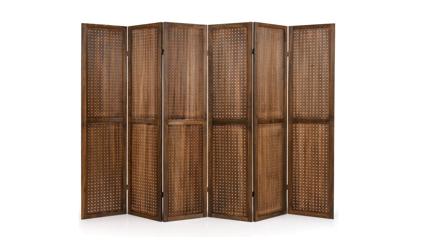 Costway 6-Panel Folding Paulownia Wood Carving Country Style Pegboard Room Privacy Screen