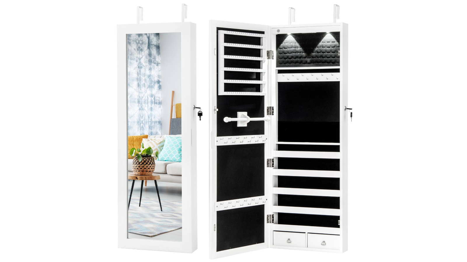 Costway Mirror Jewellery Wall Mounted Cabinet with 2 Built-in LED Light