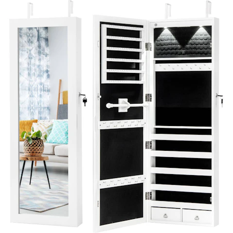 Costway Mirror Jewellery Wall Mounted Cabinet with 2 Built-in LED Light