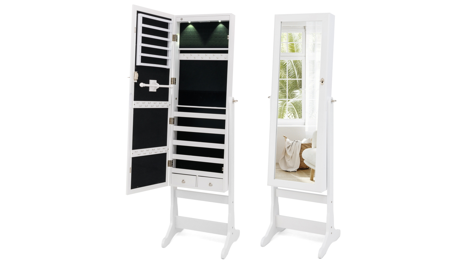 Costway Adjustable Jewellery Cabinet with Full-length Mirror and LED Lights - White