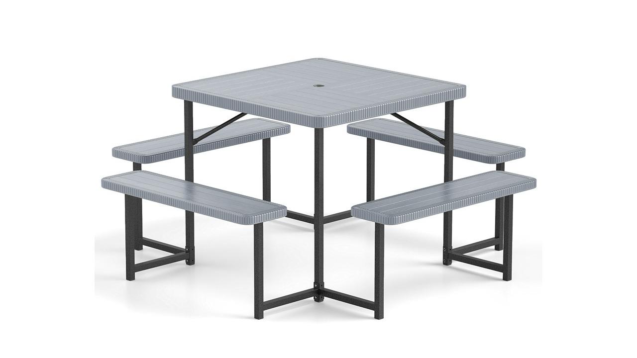 Costway Picnic Table Bench Set for 4-8 People with All-Weather HDPE Tabletop and Umbrella Hole - Grey