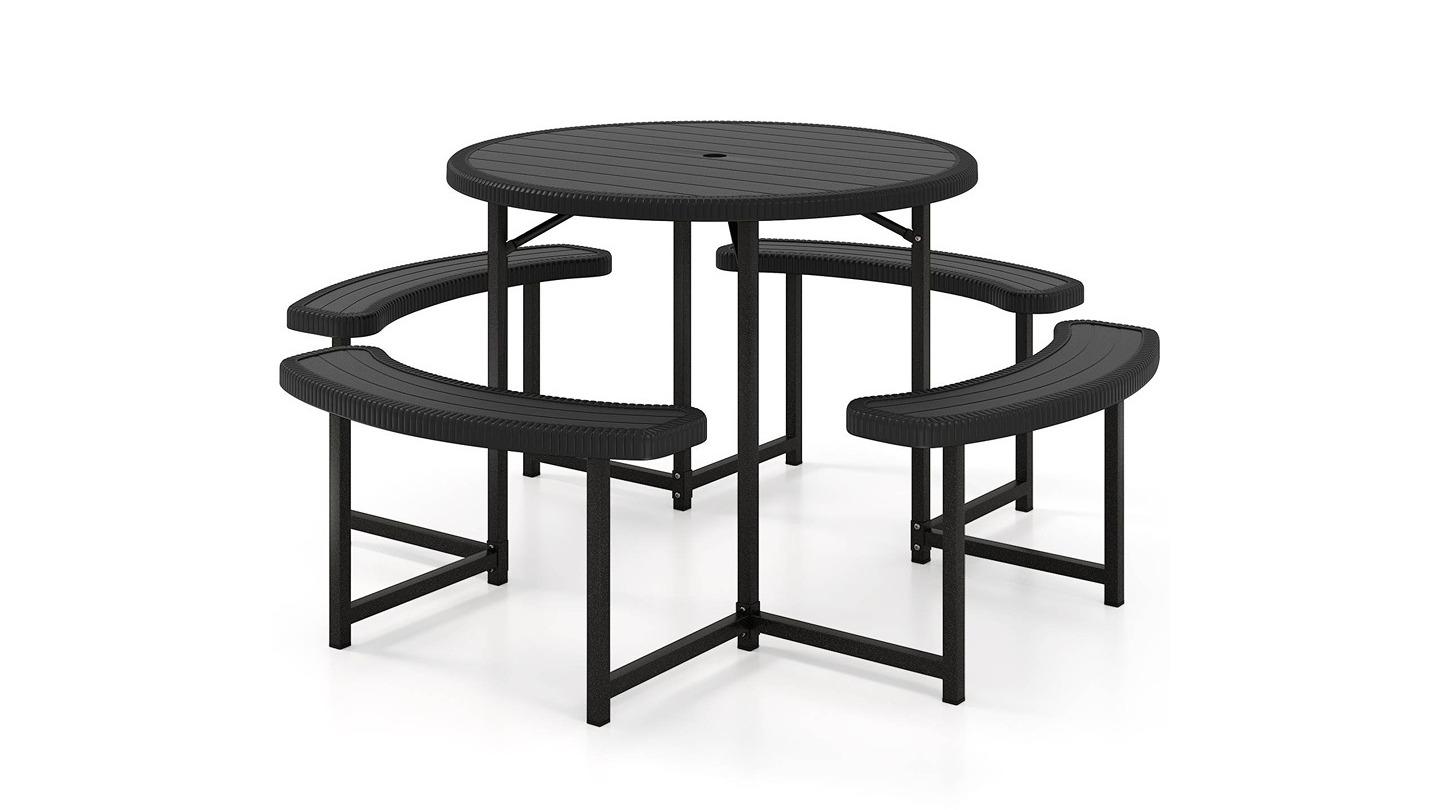 Costway 95cm Round Picnic Table Bench Set with Umbrella Hole - Black